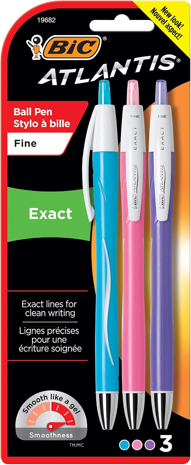 BIC Glide Exact Retractable Ball Point Pen, Fine Point (0.7 mm), Assorted Colors, Precise Lines For Clean Writing, 3-Count Assorted - Fashion