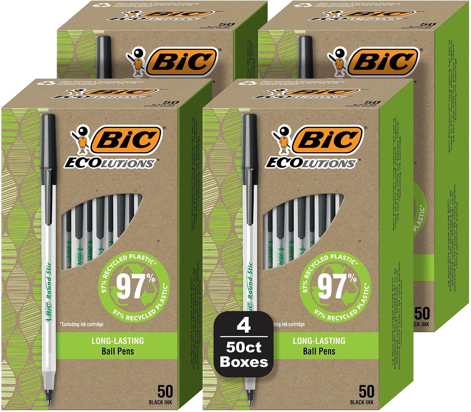 BIC Ecolutions Round Stic Ballpoint Pens, Medium Point, 1.0mm, 200-Count
