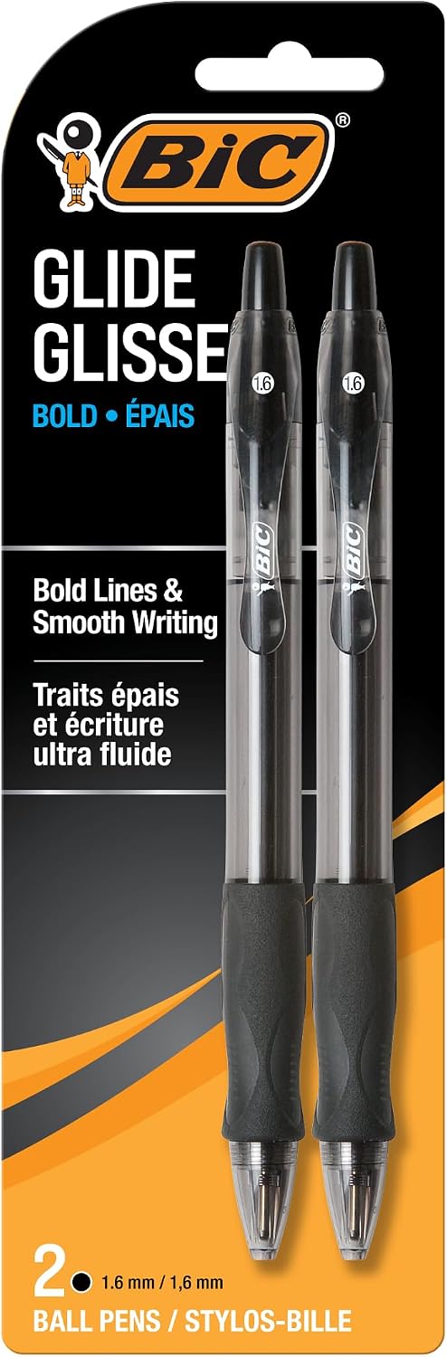 BIC Glide Bold Black Ballpoint Pens, Bold Point, 1.6mm, 2-Count Pack