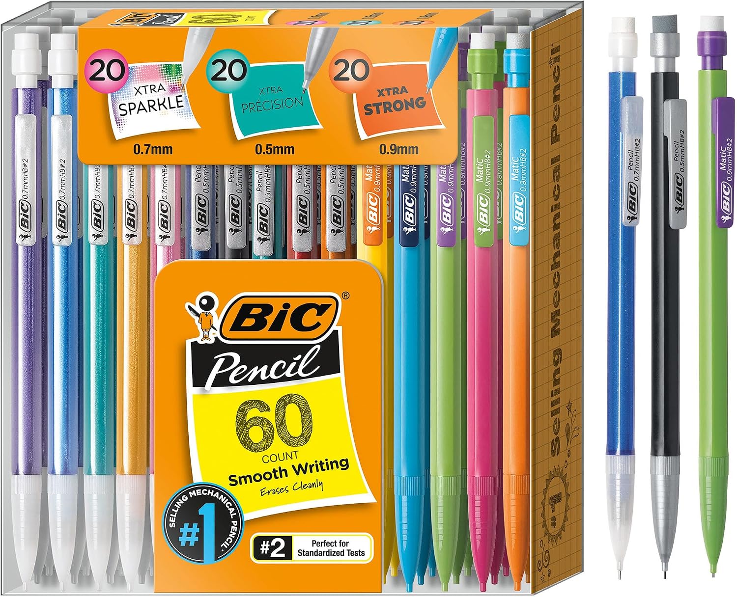 BIC Mechanical Pencil Variety Pack, Number 2 Mechanical Pencils With Erasers, Fine Point (0.5mm), Medium Point (0.7mm) and Thick Point (0.9mm), 60 Count, Bulk Mechanical Pencils for School or Work