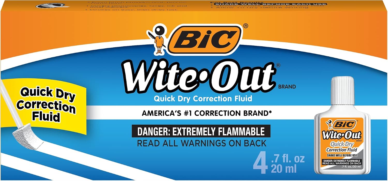 BIC Wite-Out Brand Quick Dry Correction Fluid, White, 20 mL, 4-Count