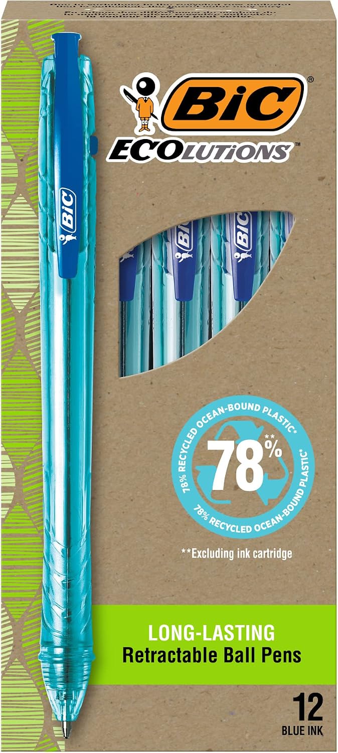 BIC Ecolutions Ocean-Bound Ball Pens, Medium Point (1.0mm), 12-Count Pack, Blue Ink Pens Made from 78% Ocean-Bound Recycled Plastic