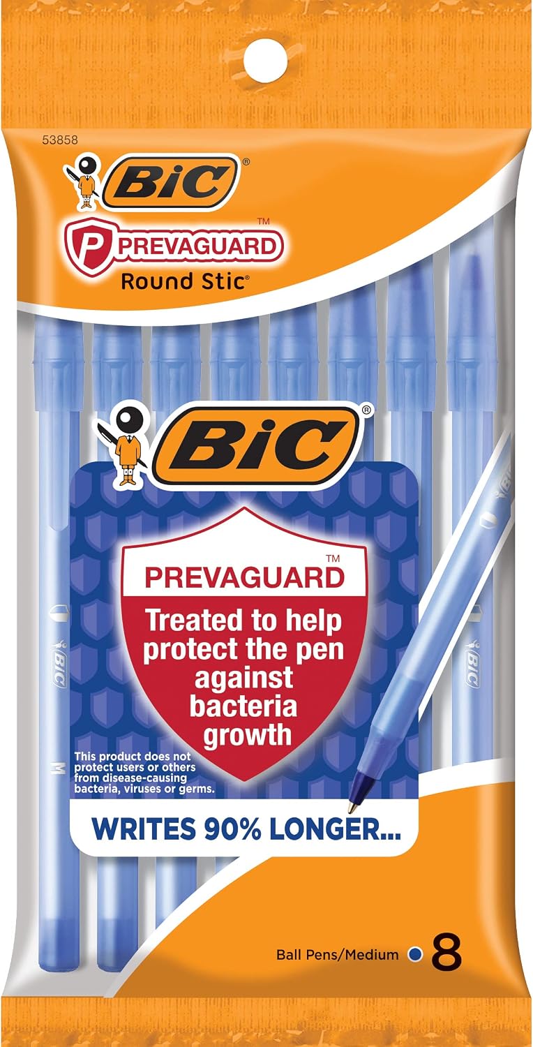 BIC PrevaGuard Round Stic, With Built-in Protection To Suppress Bacteria Growth, Medium Point (1.0mm), Blue, 8-Count Pack