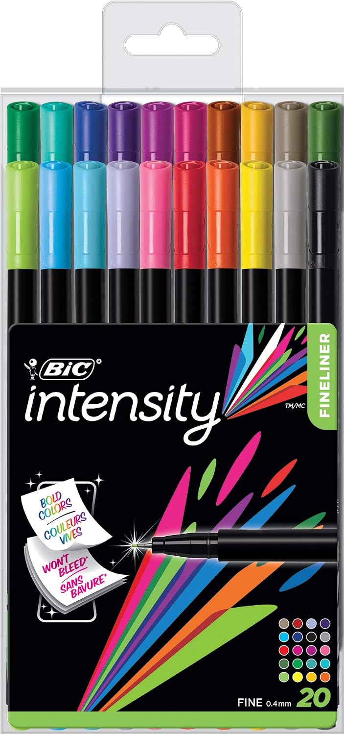 BIC Intensity Fineliner Marker Pen Set, Fine Point, 0.4 mm, 20-Count Pack